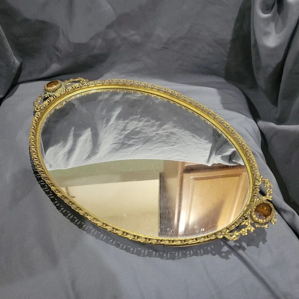 Vtg Matson MCM Gold Metal Vanity Tray Mirror Floral Roses Filigree Lace Amber